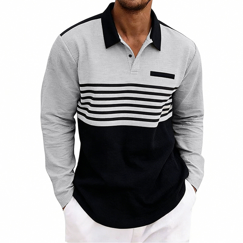 a46c36bb-c489-4888-8382-3878ecc5192d.jpg Men's Waffle-Weave Loose-Fit Casual Color-Block Striped Long-Sleeve - Image 1